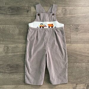 Silly Goose Hand Smocked Construction Trucks Brown Gingham 18m Longall Romper
